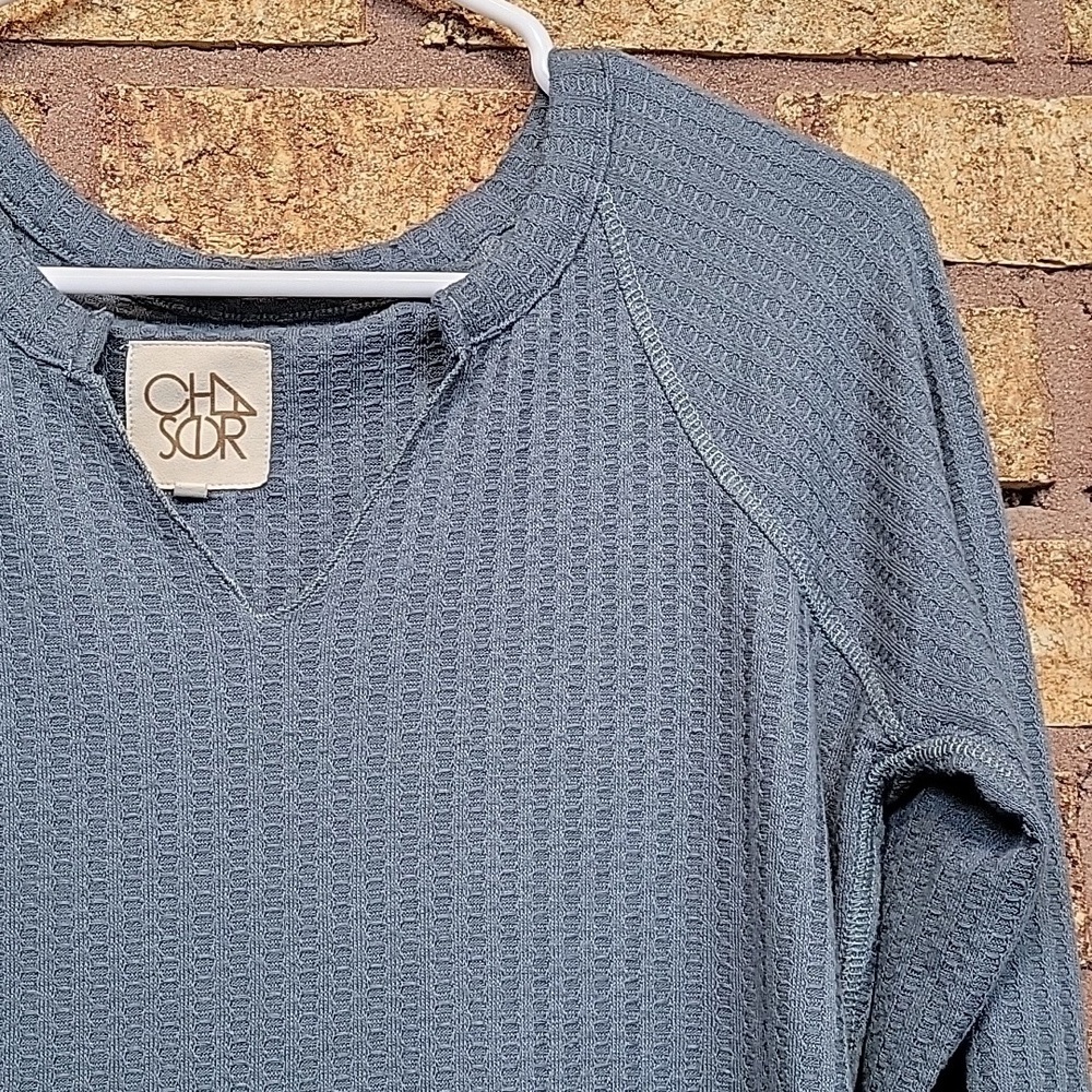 Chaser Textured Waffle Knit Blue Green Long Sleeve Top Size Small Casual Stretch - Picture 5 of 12
